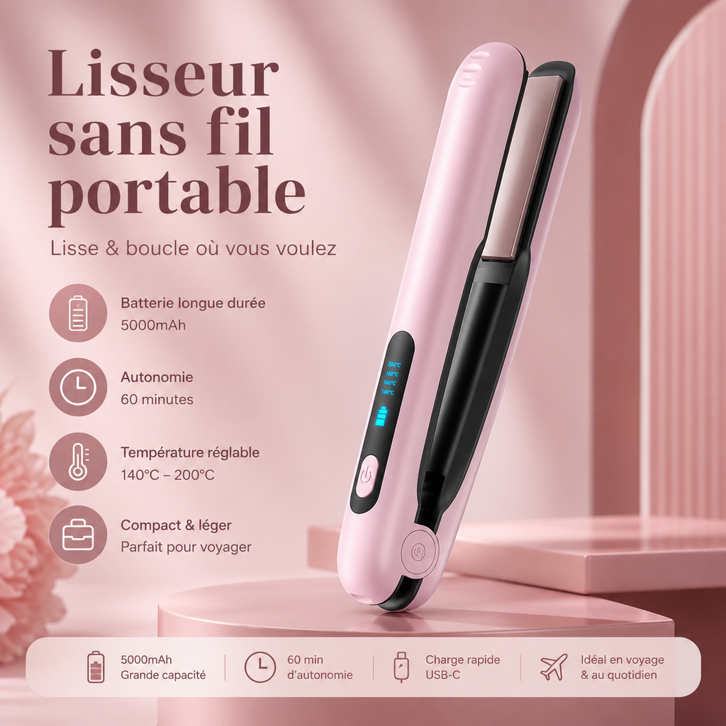 Lisseur Sans Fil Portable 2-en-1 – Lisse & Boucle, Rechargeable USB-C