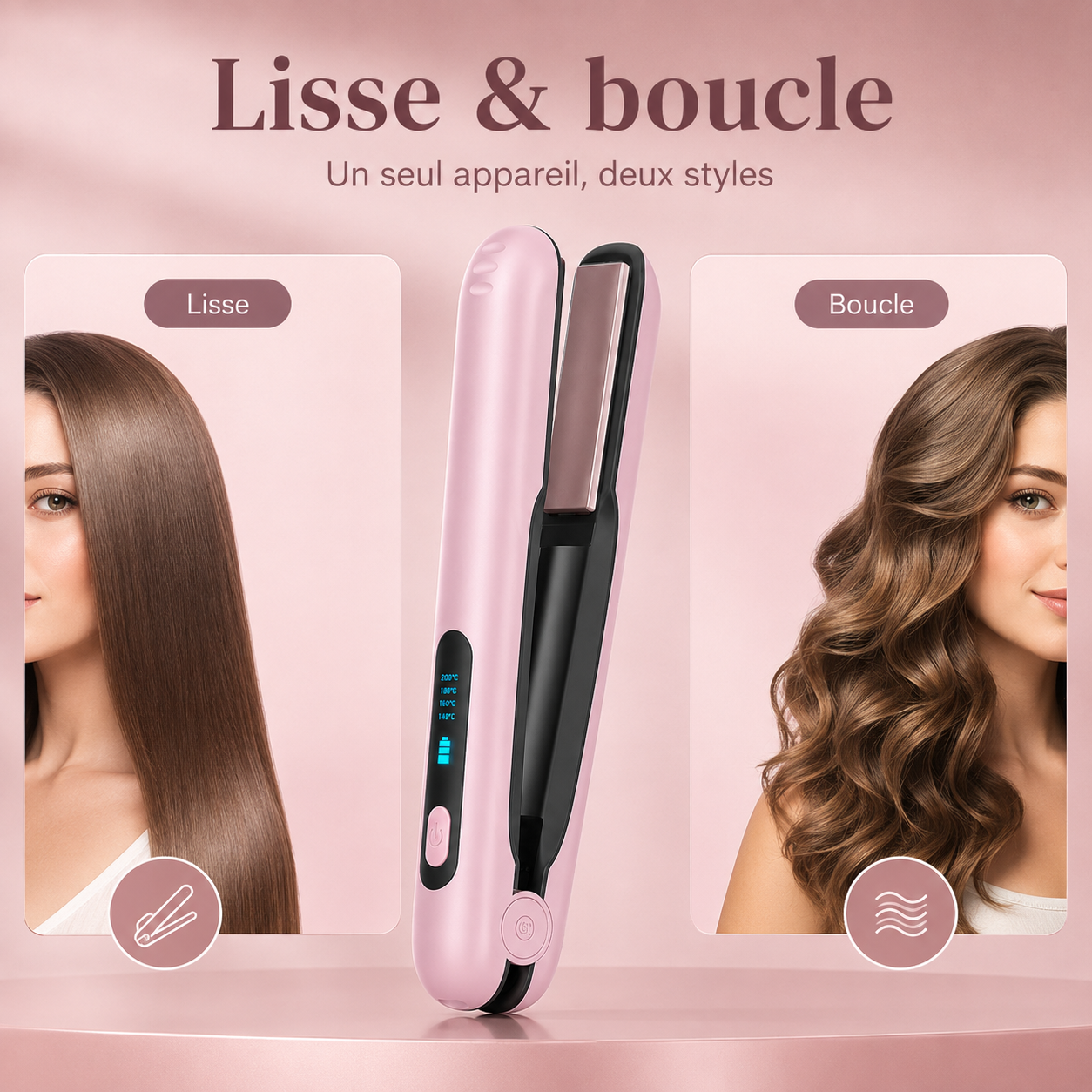 Lisseur Sans Fil Portable 2-en-1 – Lisse & Boucle, Rechargeable USB-C