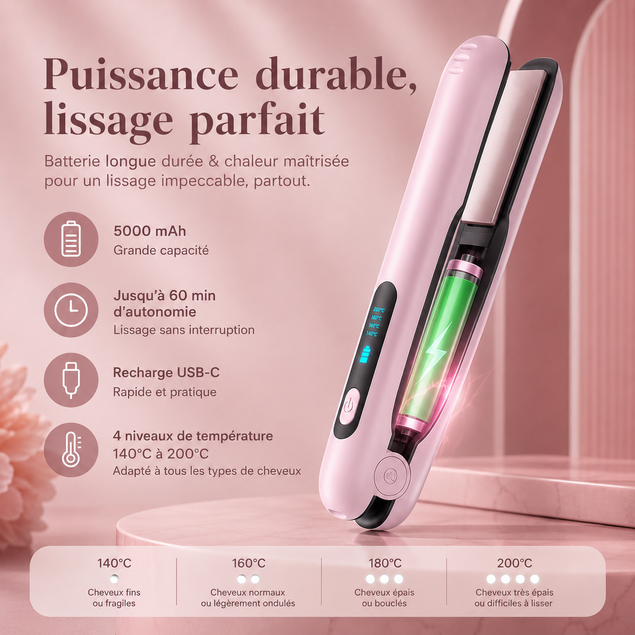 Lisseur Sans Fil Portable 2-en-1 – Lisse & Boucle, Rechargeable USB-C
