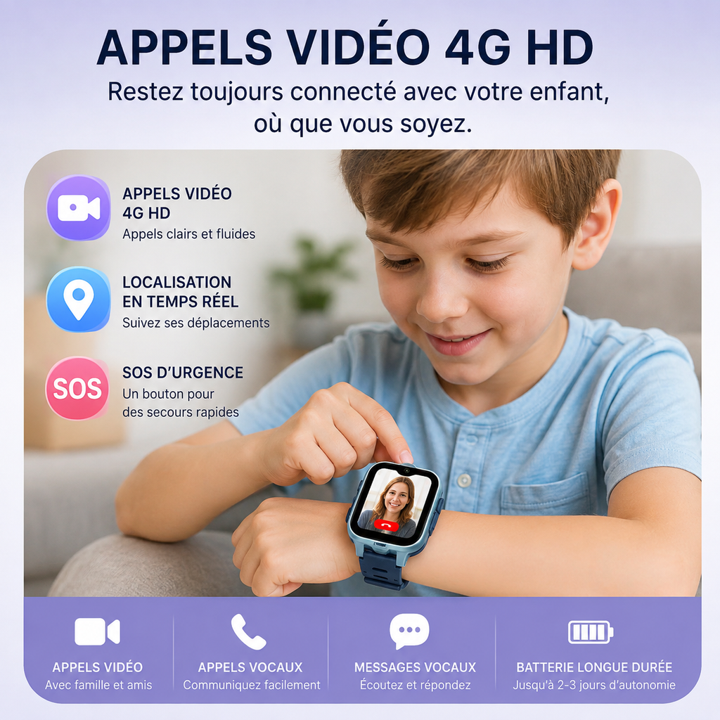 Montre Connectée Enfant 4G GPS Appels Vidéo, SOS & Localisation en Temps Réel