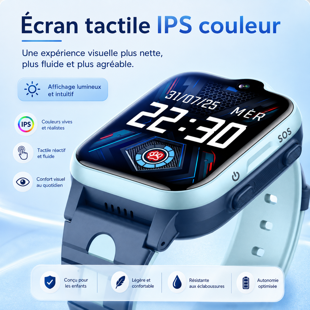 Montre Connectée Enfant 4G GPS Appels Vidéo, SOS & Localisation en Temps Réel