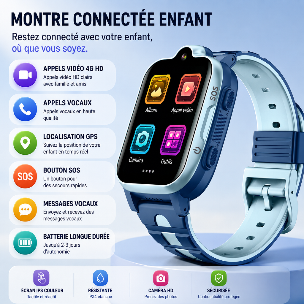 Montre Connectée Enfant 4G GPS Appels Vidéo, SOS & Localisation en Temps Réel