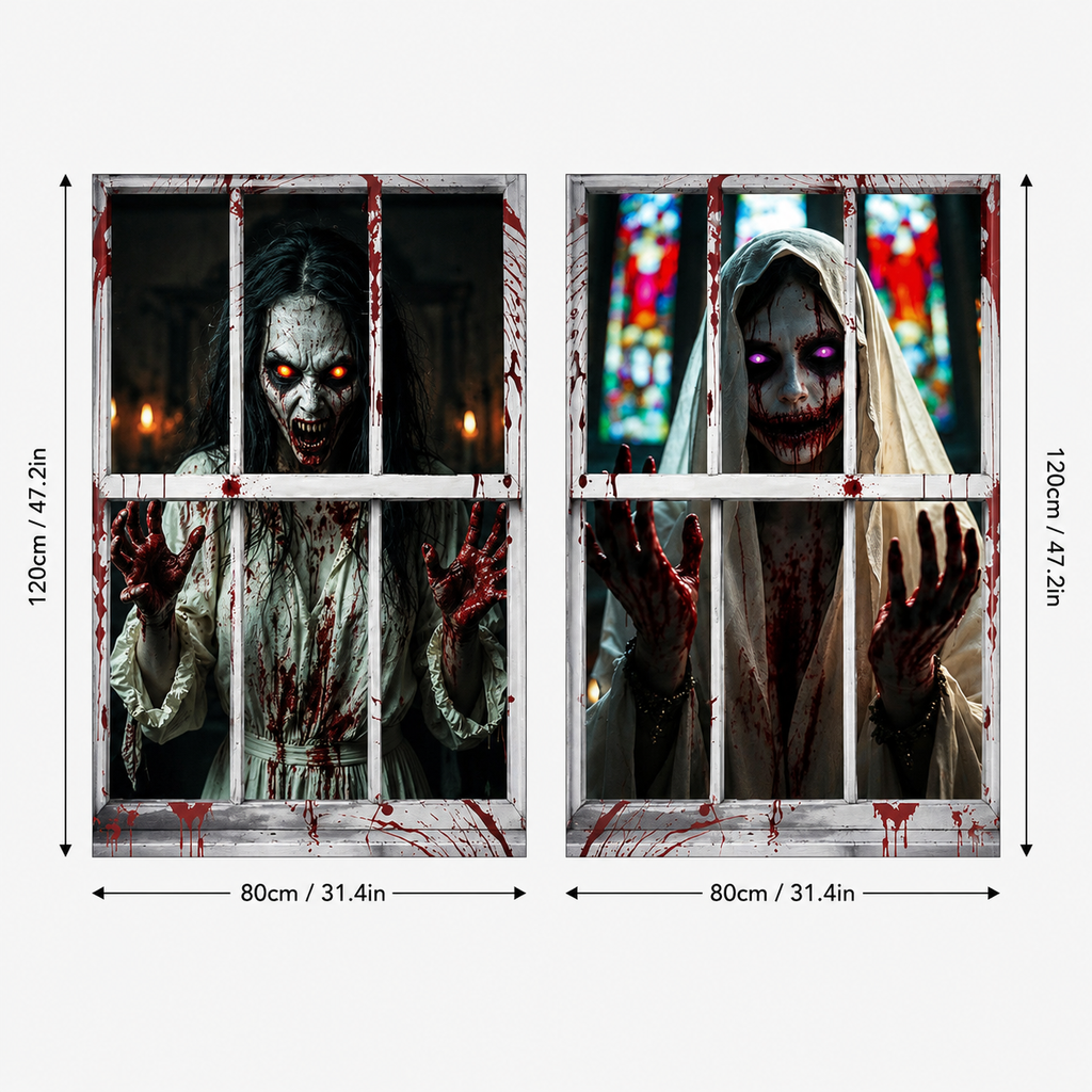 Décoration de Fenêtre Halloween 3D – Fantôme, Sorcière & Zombie Effrayants